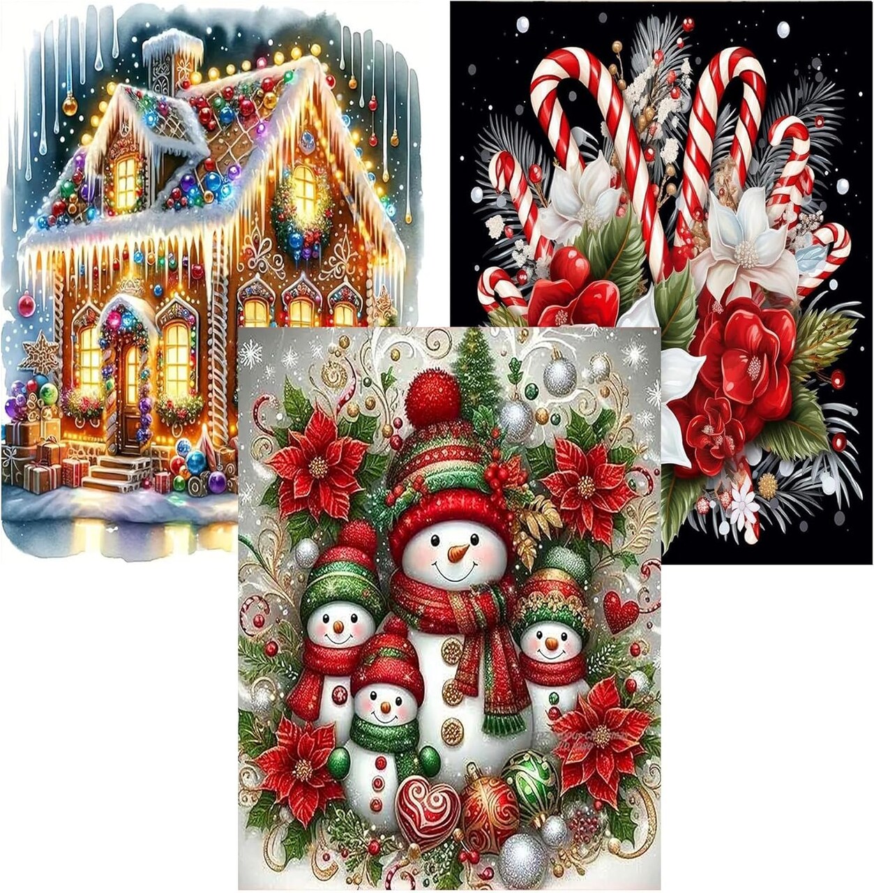 Christmas Diamond Art Kits for Adults – 3 Pack Snowman & Candy House 5D DIY Full Drill Diamond Painting Kits, 12x16 inch